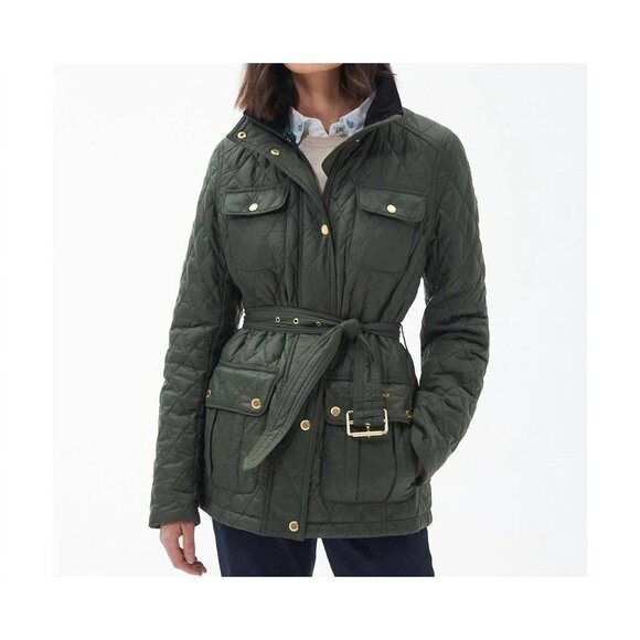 Bernardo Womens XS Diamond Quilted Jacket Green With Waist-Cinching Belt Pockets - Picture 1 of 8